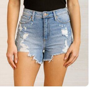 No Boundaries Women's Medium Wash Blue High-Waisted Distressed Jean Shorts 9